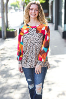 Rust & Khaki Geometric Animal Print Color Block Bubble Sleeve Top