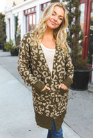 Boldly You Olive Fury Knit Animal Print Ribbed Open Cardigan