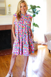 Feeling Femme' Fuchsia & Mint Abstract Print Frill Mock Neck Dress