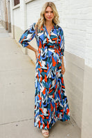Vacay Ready Blue Tropical Print Wrap Around Tie Waist  Maxi Dress
