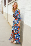 Vacay Ready Blue Tropical Print Wrap Around Tie Waist  Maxi Dress
