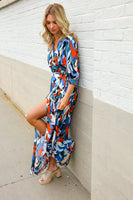 Vacay Ready Blue Tropical Print Wrap Around Tie Waist  Maxi Dress