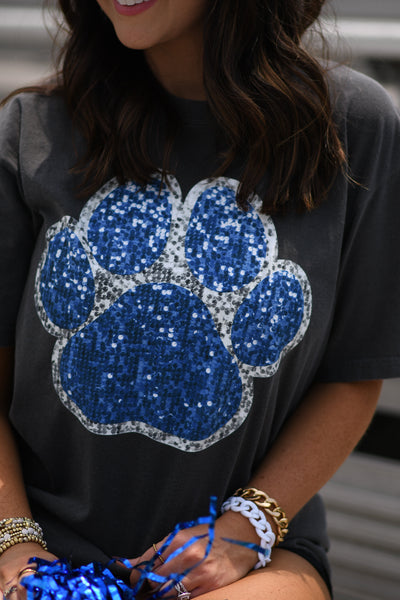Blue & Silver Faux Glitter Paw Print Graphic Tee