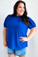 Lovely In Holiday Blue Frill Mock Neck Woven Top