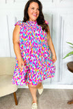 Feeling Femme' Fuchsia & Mint Abstract Print Frill Mock Neck Dress